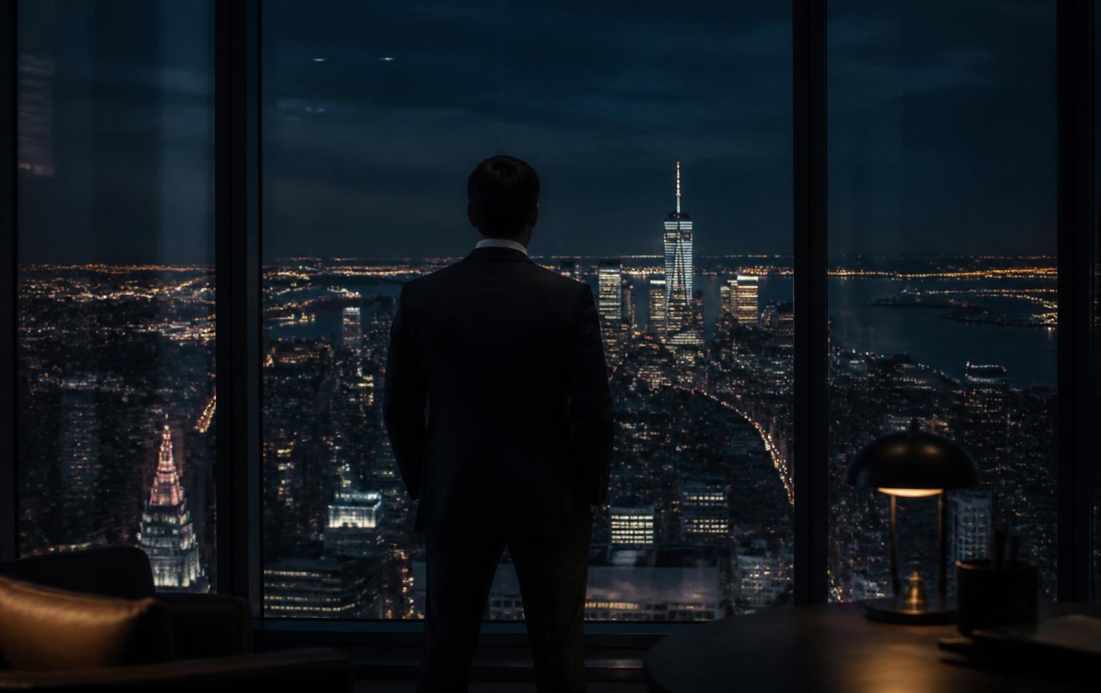 Empresário observando o skyline iluminado de uma cidade moderna